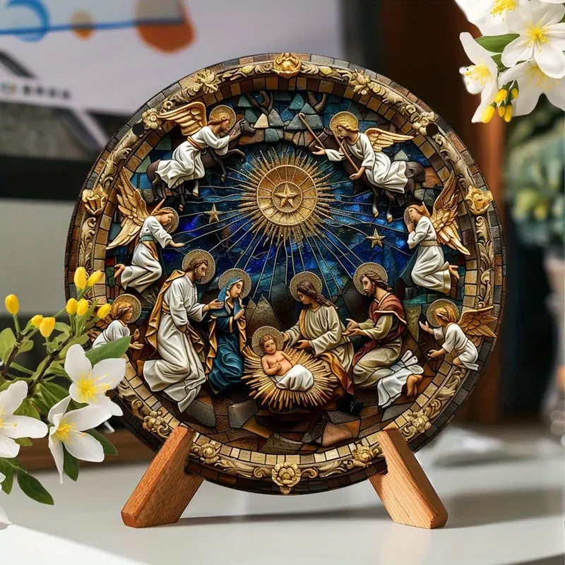 Presépio de Resina Placa de Madeira Ninho Divino