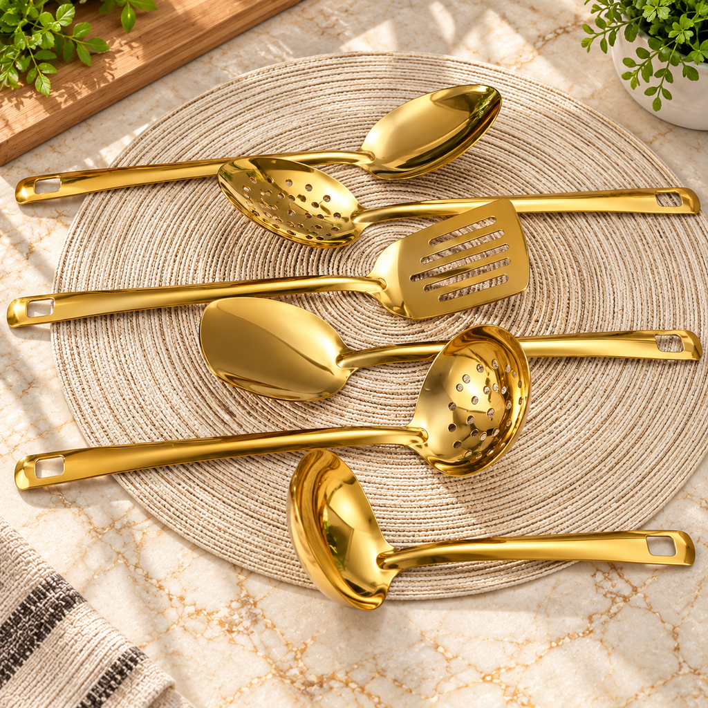 Kit Utensílios de Cozinha 11 Peças Aço Inox Dourado Premium