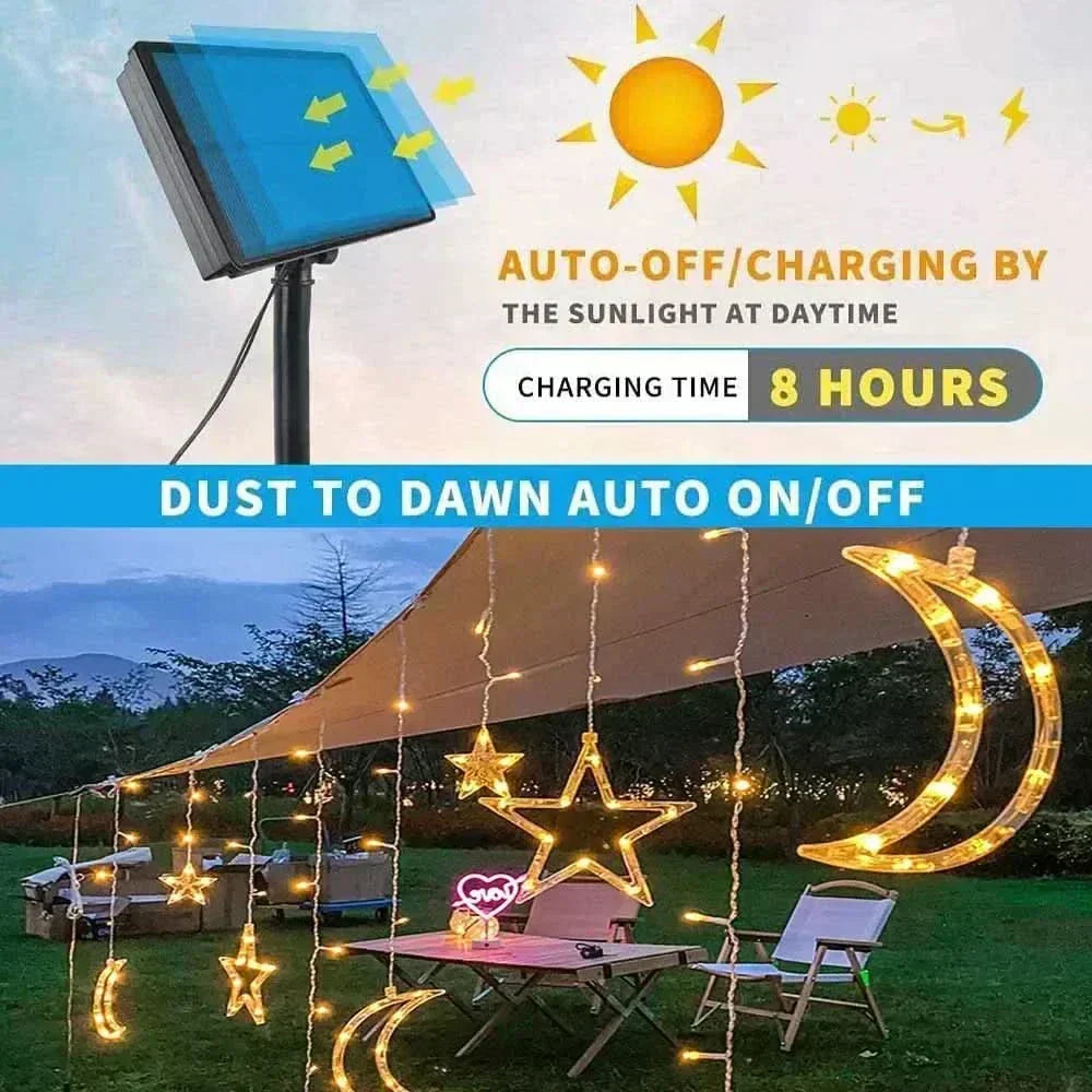 Luzes de Fada Estrela e Lua LED Solar - Encanto Natalino