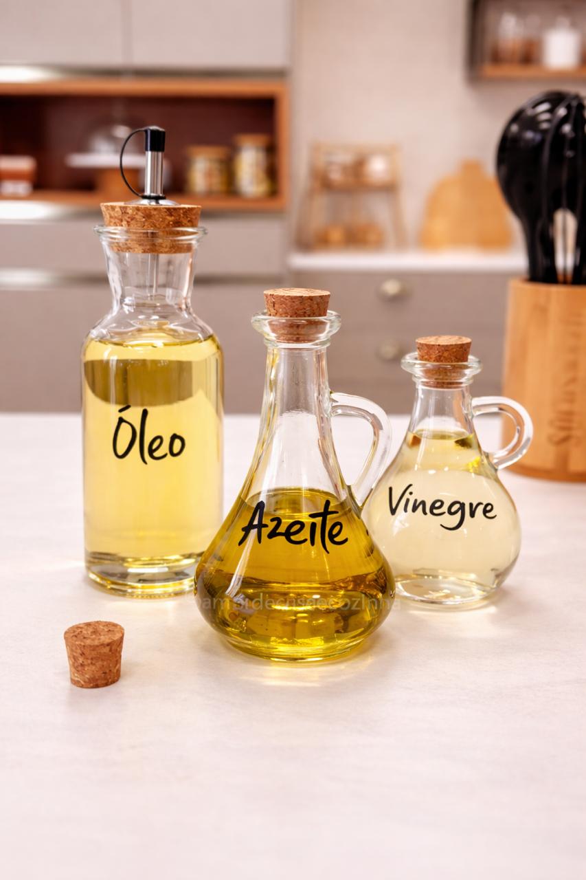 Kit Galheteiro de Vidro 3 Peças – Óleo, Azeite e Vinagre com Rolha