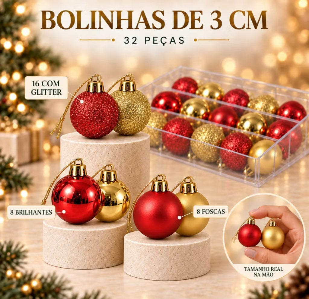 32 Bolinhas de Natal 3 cm - Vermelho e Dourado