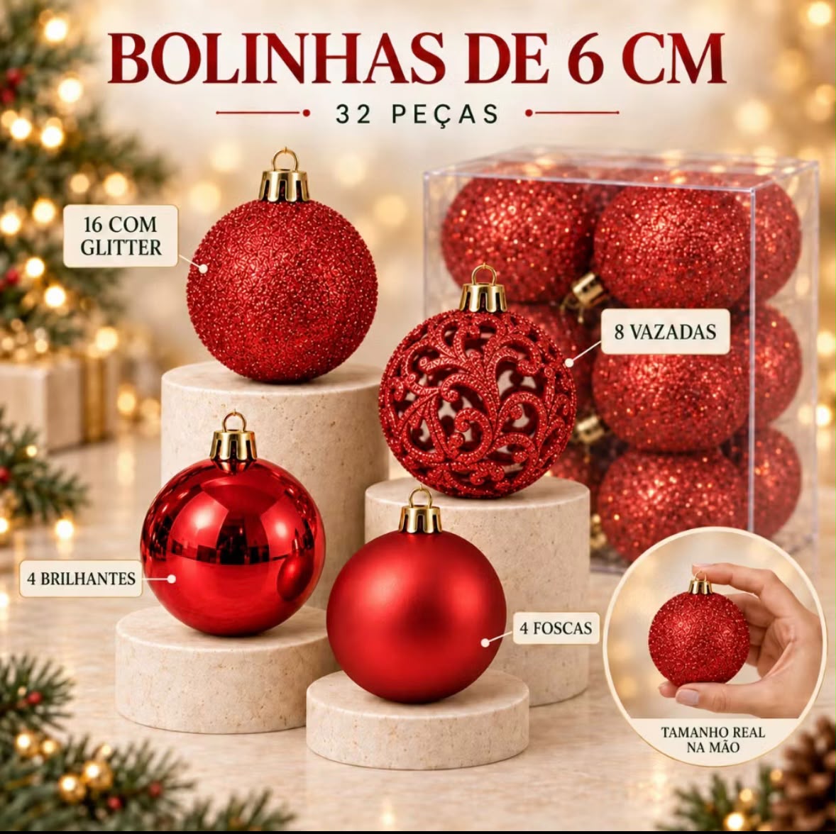 32 Bolinhas de Natal 6 cm - Vermelho