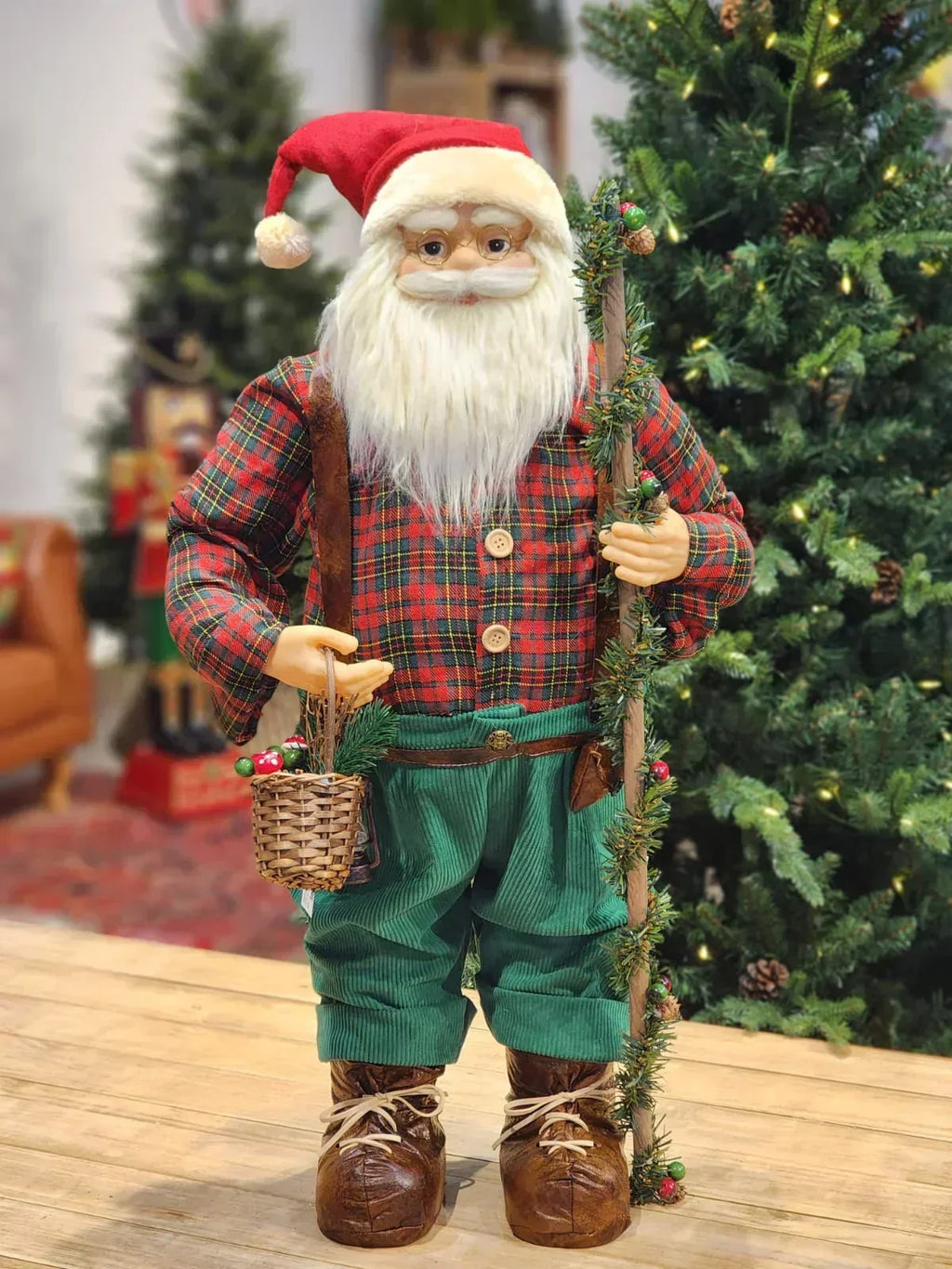 PAPAI NOEL EM PÉ XADREZ VERDE E VERMELHO 80CM