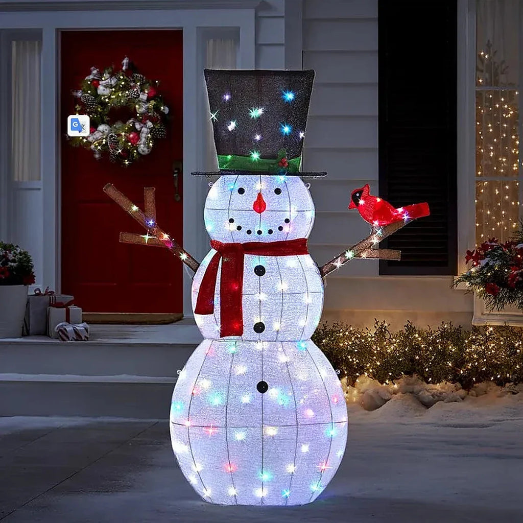 Boneco de Neve Cintilante Iluminado 1,83 m com Passarinho – 100 LEDs Coloridos