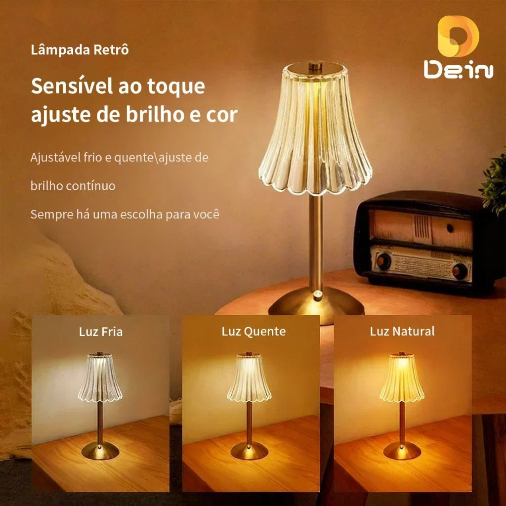 Luminária Retrô de Mesa LED Recarregável com Cúpula Transparente e Controle por Toque Dourada