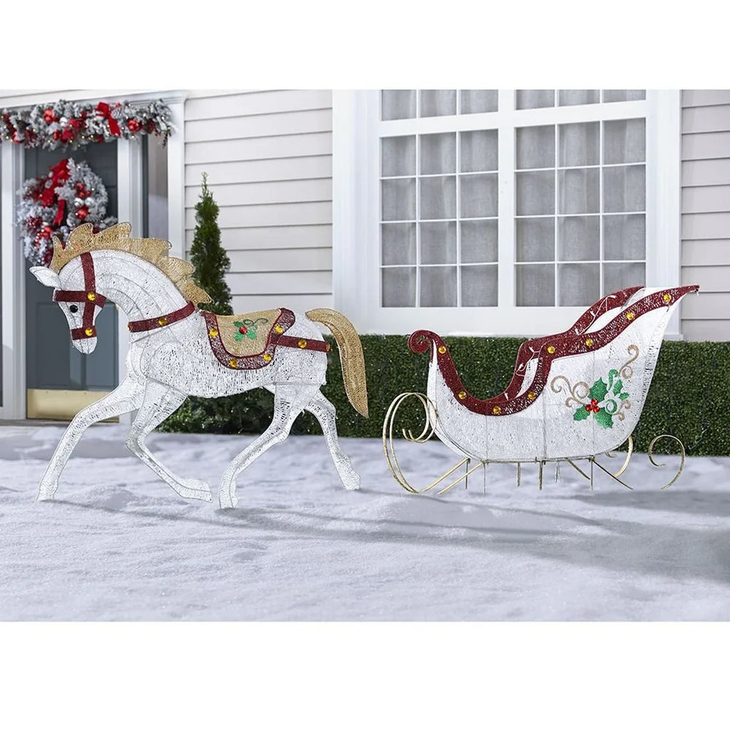 Cavalo e Trenó Iluminados para Jardim – 280 LEDs Branco Frio