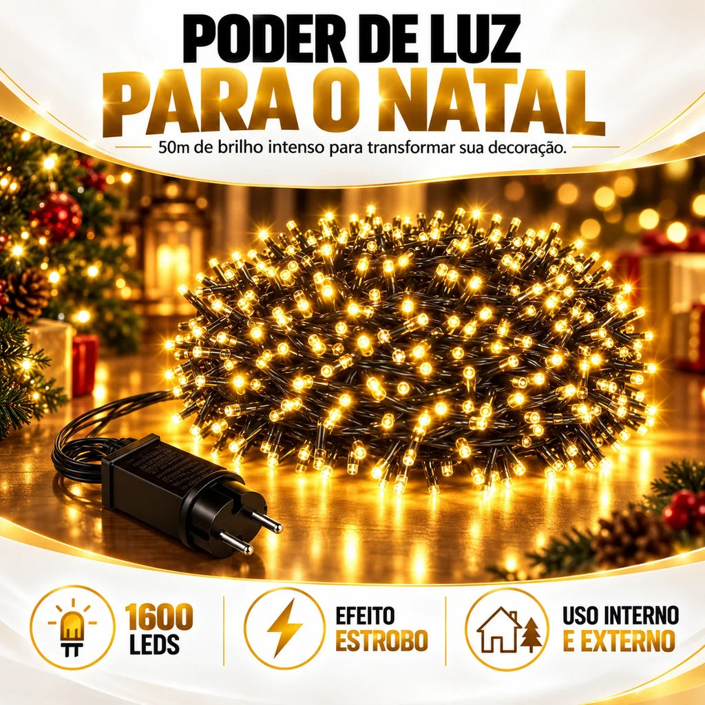 Cordão LED 1600 LEDs 50m com Strobo - Luz Quente Prova d'Água