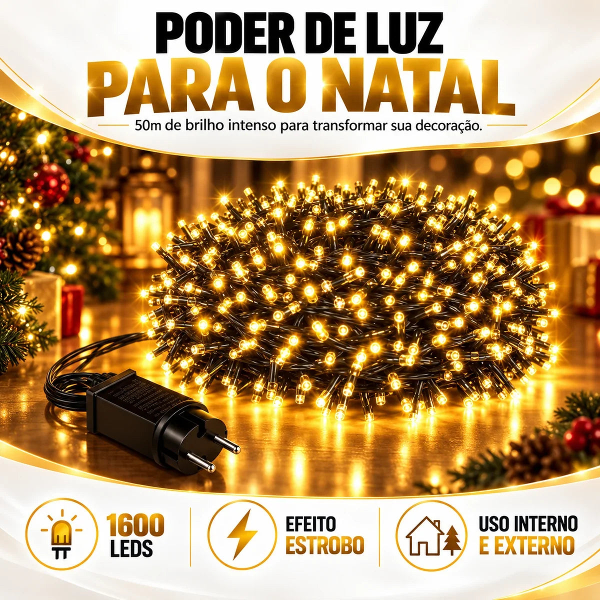 Cordão LED 1600 LEDs 50m com Strobo - Luz Quente Prova d'Água