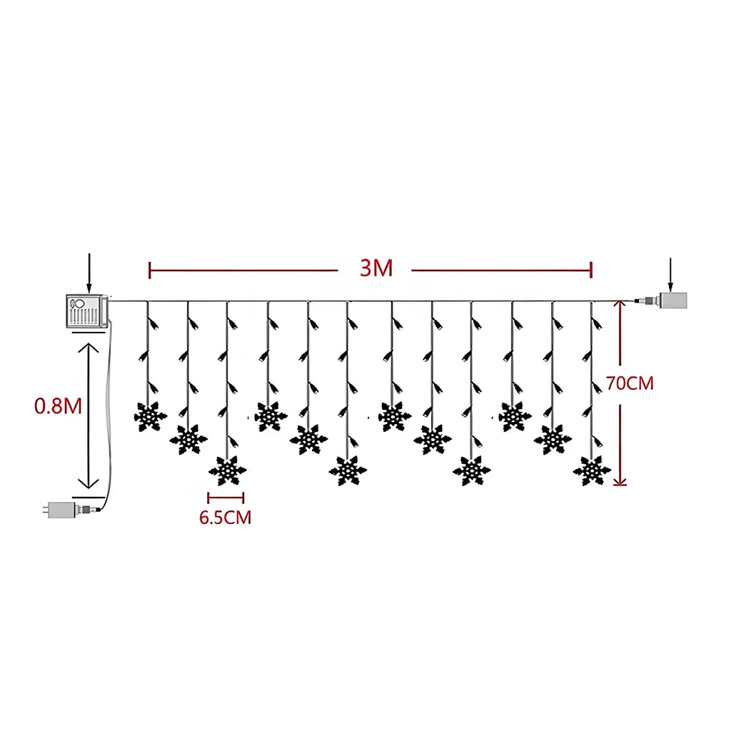 Cortina de LED Flocos de Neve – 3 m, Amarela, Branca, Colorida ou Azul