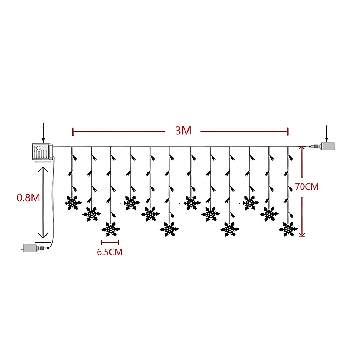 Cortina de LED Flocos de Neve – 3 m, Amarela, Branca, Colorida ou Azul