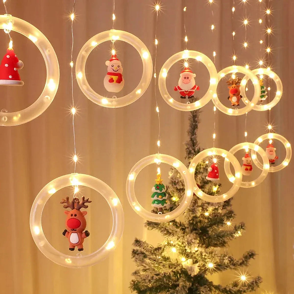 Cortina de Luzes LED com Figuras Natalinas – Argolas, Árvores, Corações e Estrelas