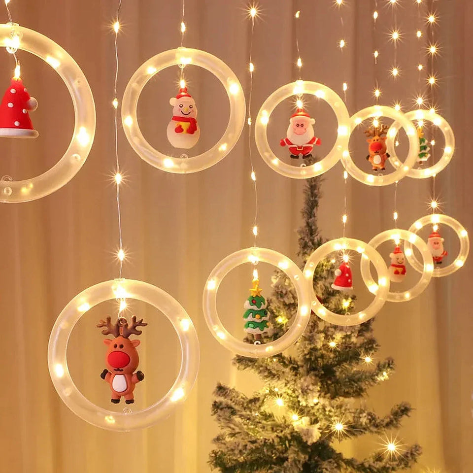 Cortina de Luzes LED com Figuras Natalinas – Argolas, Árvores, Corações e Estrelas