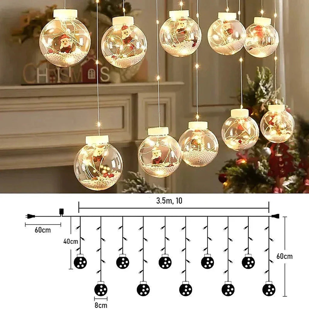 Cortina de Luzes LED com Globos Natalinos – Papai Noel, Árvore ou Boneco de Neve