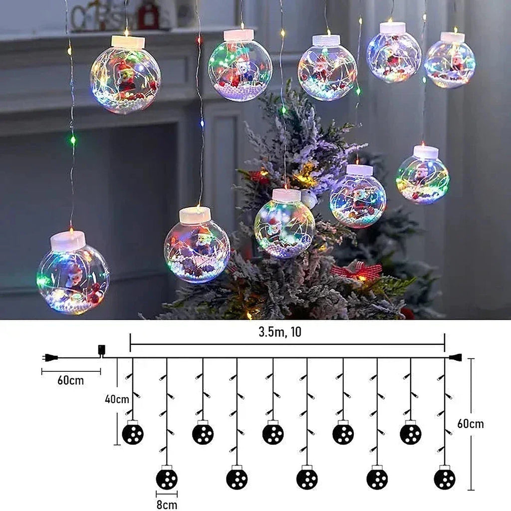Cortina de Luzes LED com Globos Natalinos – Papai Noel, Árvore ou Boneco de Neve