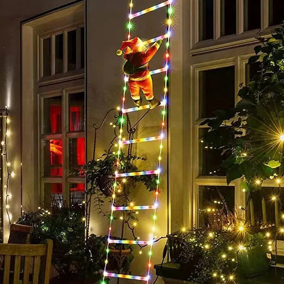 Escada de Luz LED Colorida com Papai Noel Escalando – 3 m com Controle