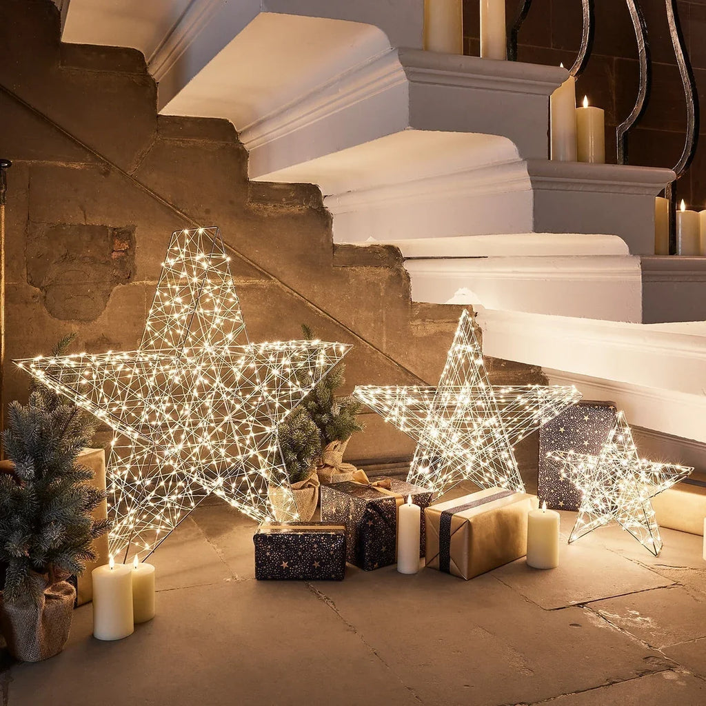 Estrela 3D Iluminada 35 cm – 200 Micro LEDs Branco Quente, 8 Funções