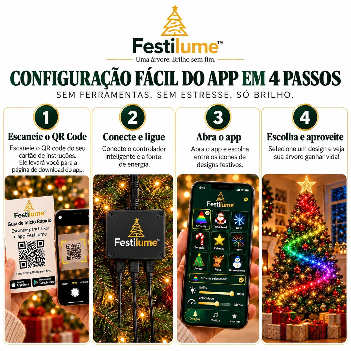 Luzes Inteligentes para Árvore de Natal RGBIC até 1.400 LEDs - Controle por App, IP67
