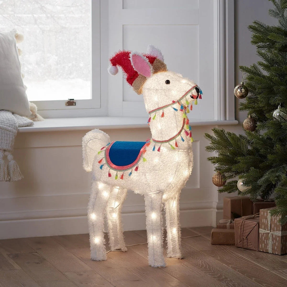 Figura de Natal Alpaca Iluminada 78 cm com Gorro de Papai Noel