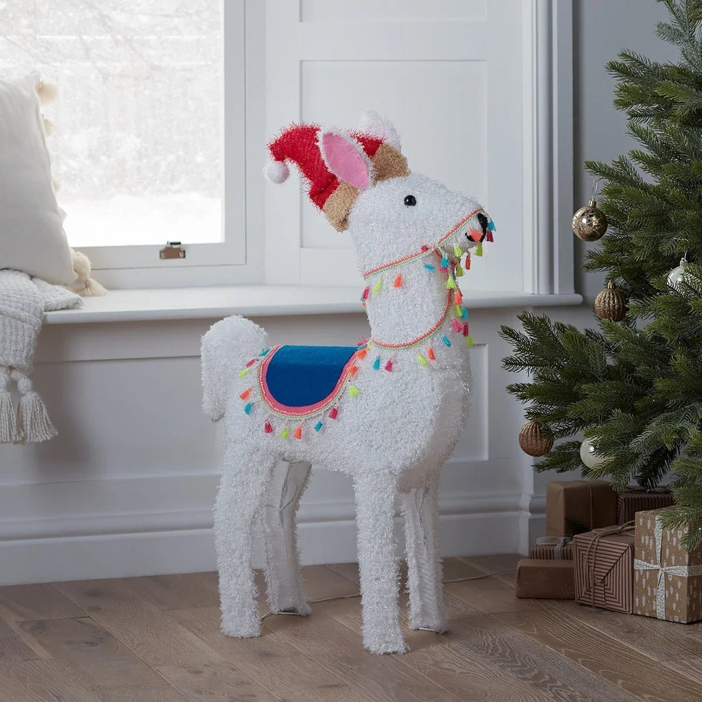 Figura de Natal Alpaca Iluminada 78 cm com Gorro de Papai Noel