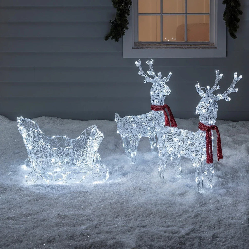 Conjunto Renas e Trenó de Acrílico Iluminados – 240 LEDs Branco Frio a Pilha