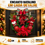 Guirlanda de Natal Papai Noel 40cm - Laço Xadrez e Estrela