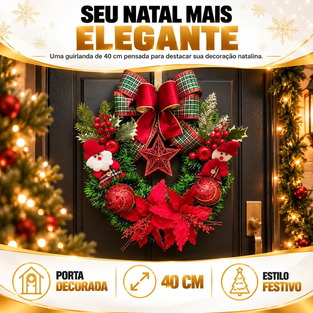 Guirlanda de Natal Papai Noel 40cm - Laço Xadrez e Estrela