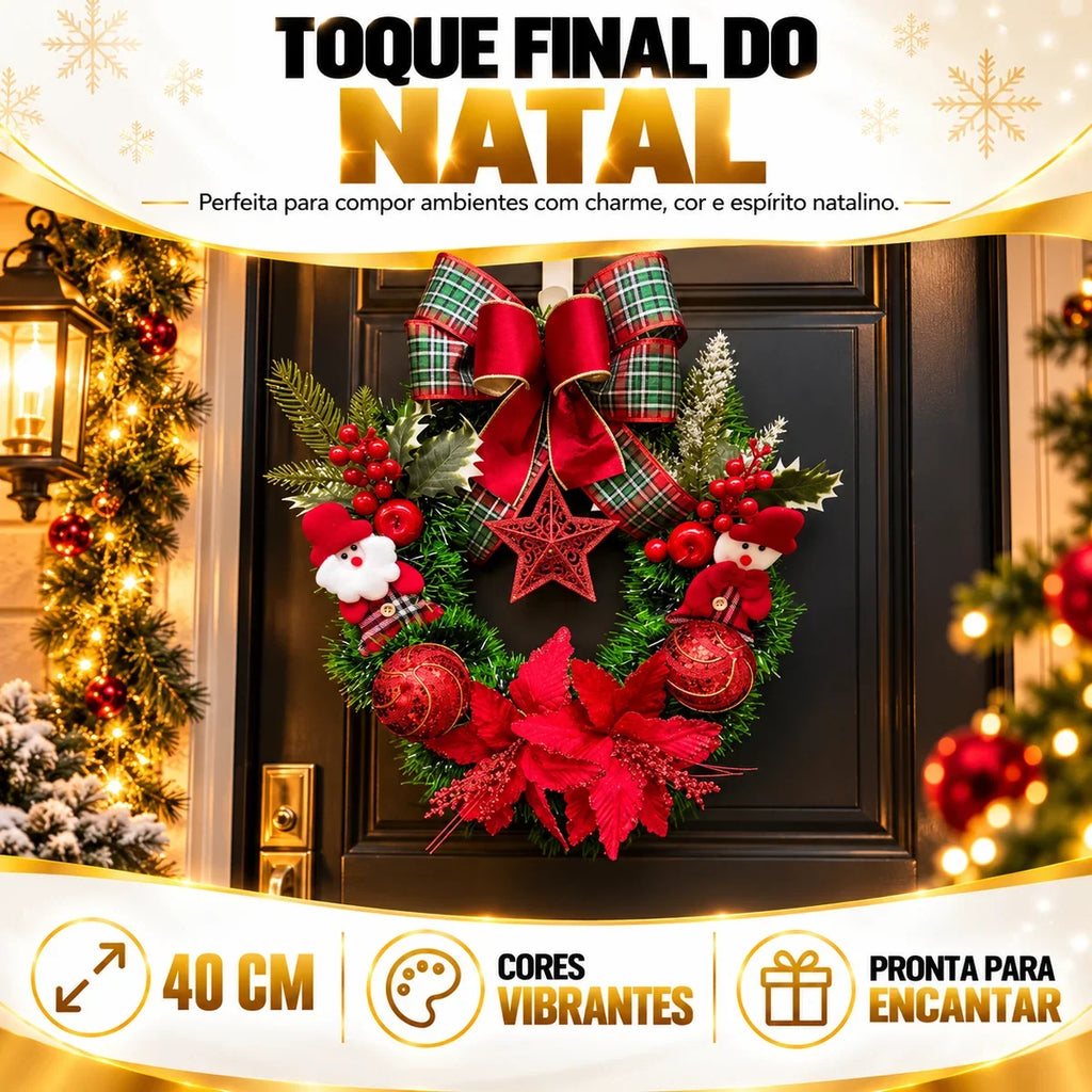 Guirlanda de Natal Papai Noel 40cm - Laço Xadrez e Estrela