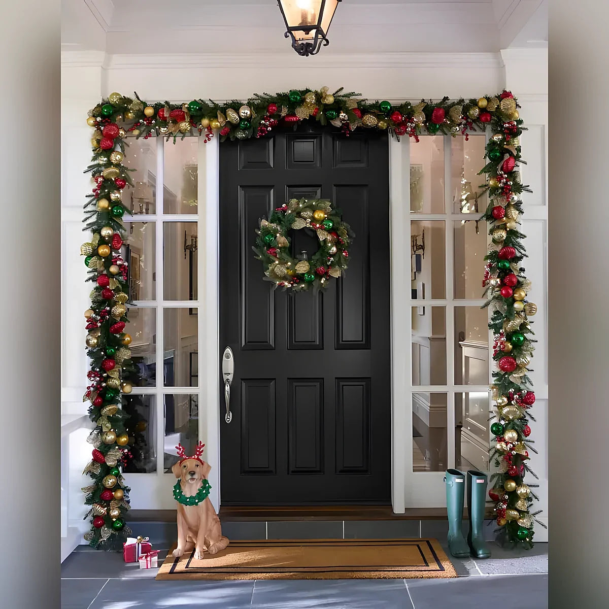 Guirlanda de Natal 90 cm com LED, Bolas Decorativas e Folhas Douradas