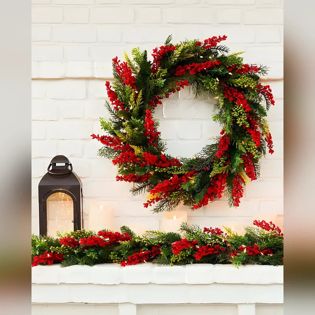 Guirlanda de Natal 90 cm com LED e Galhos de Frutinhas Vermelhas