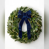 Guirlanda de Natal 90 cm com LED, Laço Azul e Folhagens Verdes