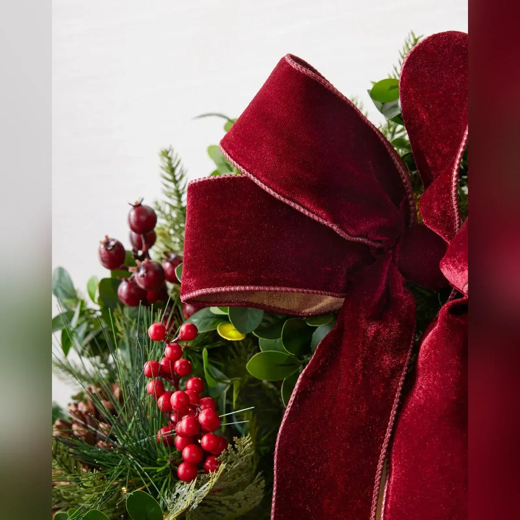 Guirlanda de Natal 90 cm com LED, Laço Bordô, Pinhas e Frutas Vermelhas