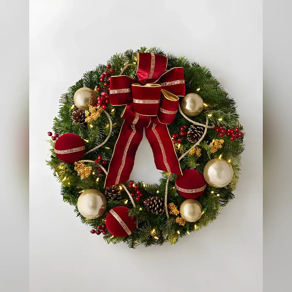 Guirlanda de Natal 90 cm com LED, Laço Vermelho, Bolas Douradas e Frutas Vermelhas