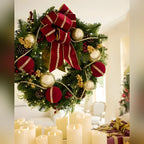 Guirlanda de Natal 90 cm com LED, Laço Vermelho, Bolas Douradas e Frutas Vermelhas