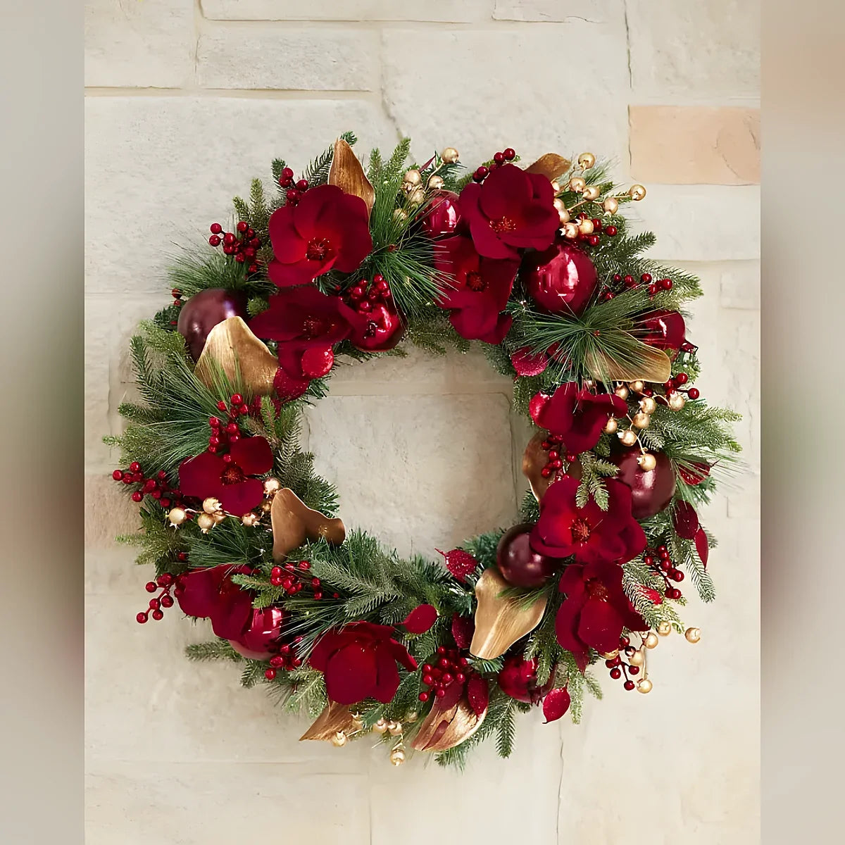 Guirlanda de Natal 90 cm com LED, Magnólias Vermelhas e Folhagens Douradas