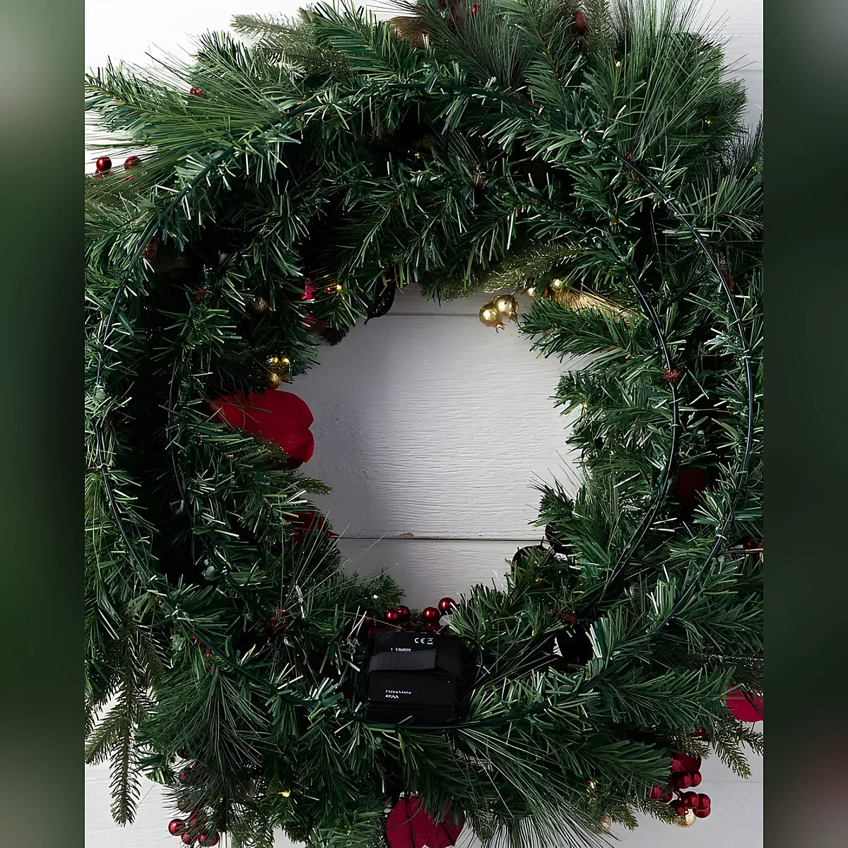 Guirlanda de Natal 90 cm com LED, Magnólias Vermelhas e Folhagens Douradas