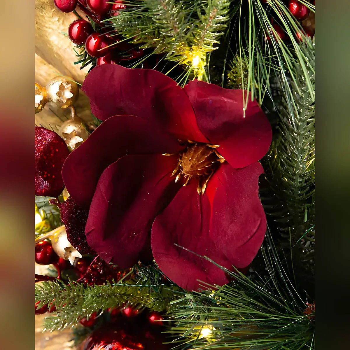 Guirlanda de Natal 90 cm com LED, Magnólias Vermelhas e Folhagens Douradas