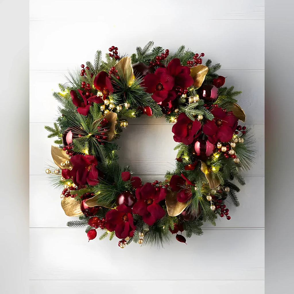 Guirlanda de Natal 90 cm com LED, Magnólias Vermelhas e Folhagens Douradas