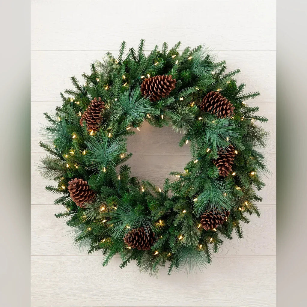 Guirlanda de Natal 90 cm com LED, Pinhas e Folhagens Verdes
