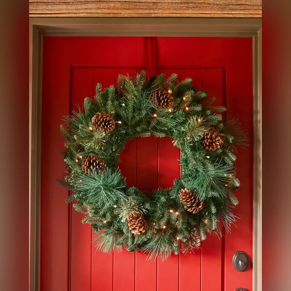 Guirlanda de Natal 90 cm com LED, Pinhas e Folhagens Verdes