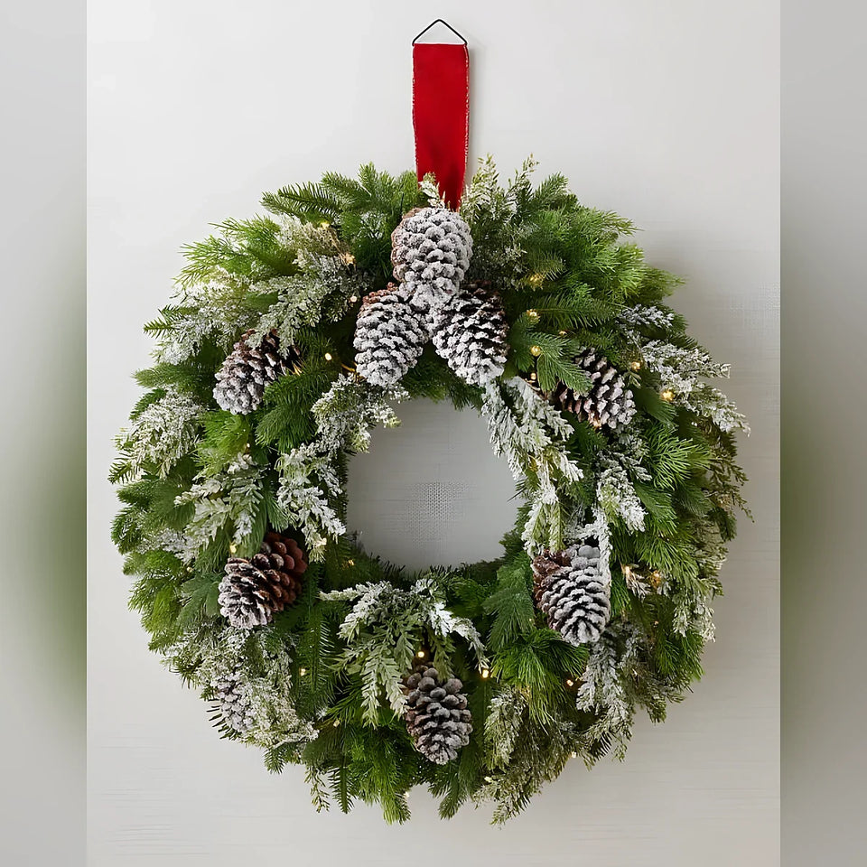 Guirlanda de Natal 90 cm com LED, Pinhas Nevadas e Folhagens Verdes