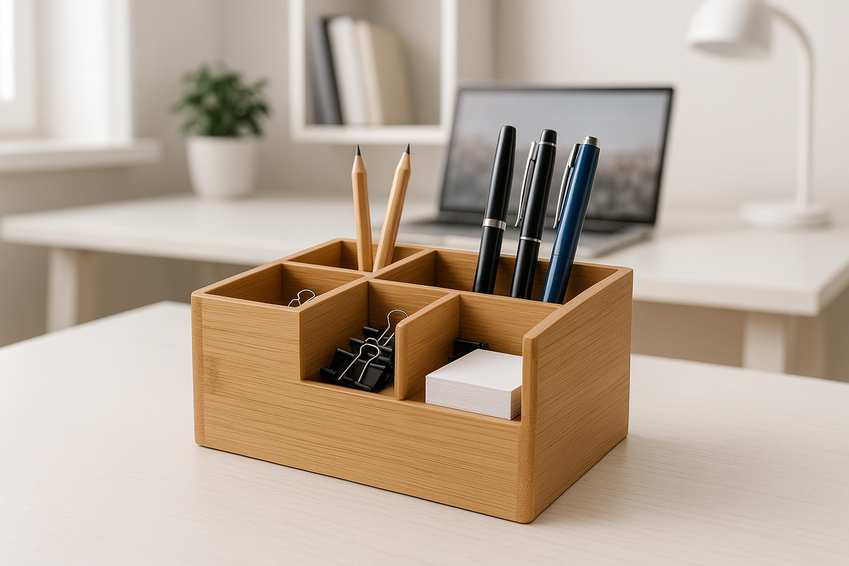 Organizador de Mesa Bambu Natural 4 Compartimentos 25x15cm