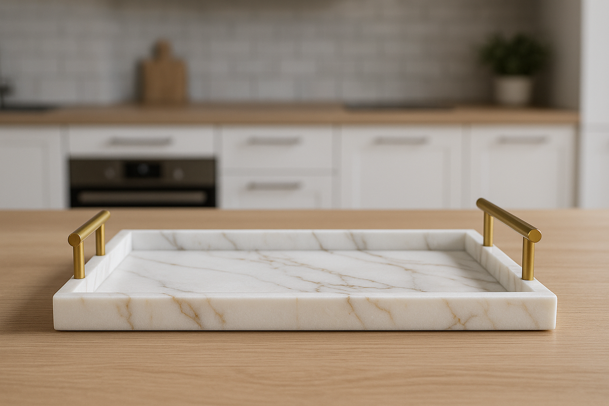 Bandeja Decorativa Mármore Branco com Alças Douradas 40x25cm