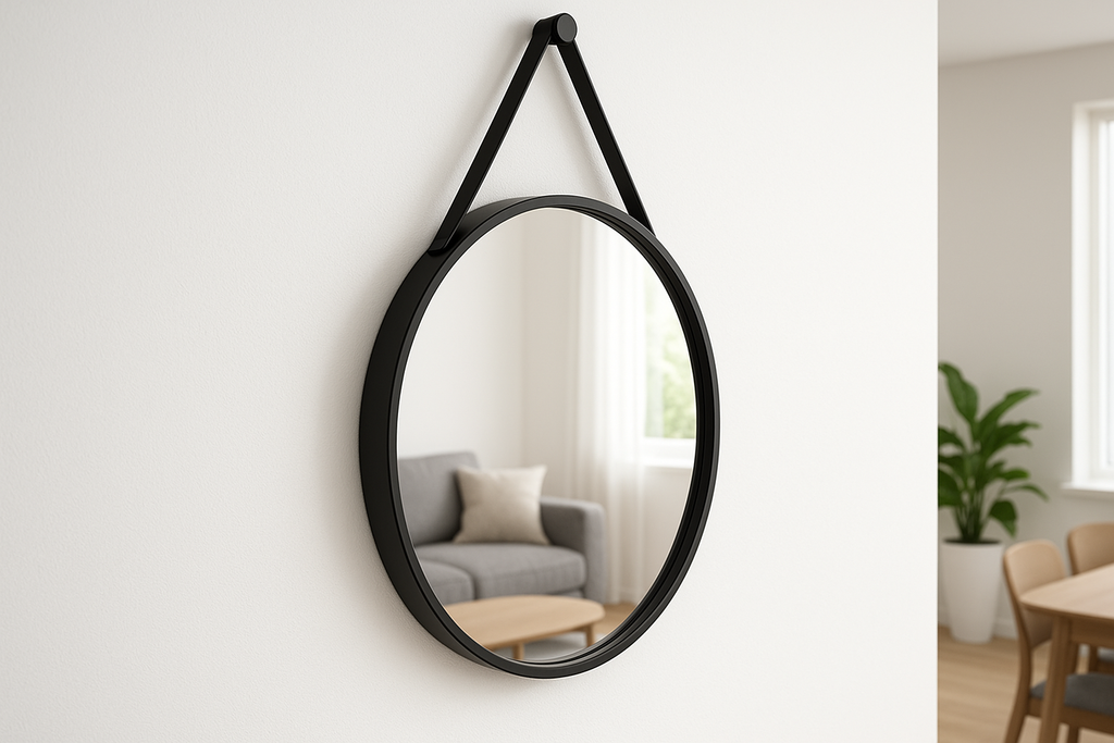 Espelho Decorativo Redondo 60cm Moldura Preta com Alça Couro