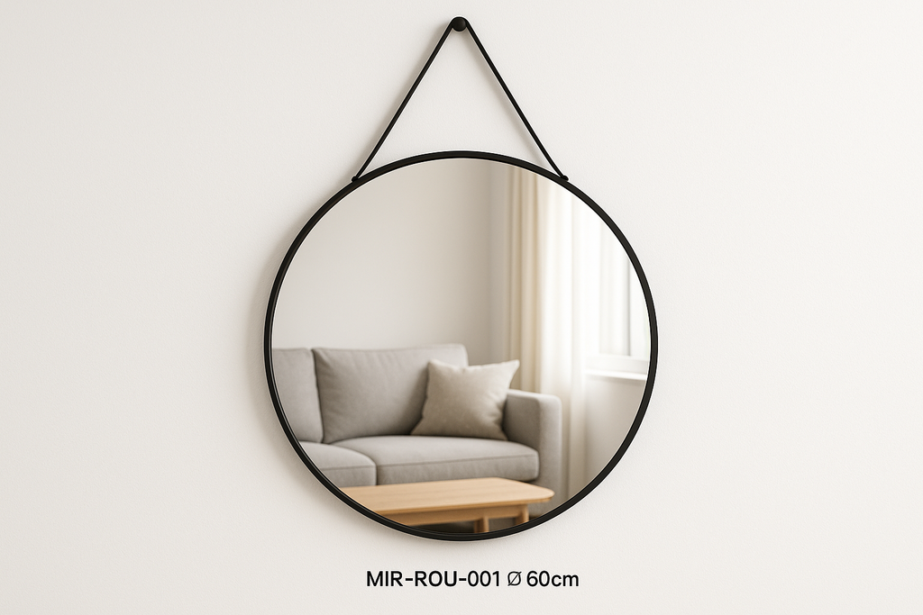 Espelho Decorativo Redondo 60cm Moldura Preta com Alça Couro