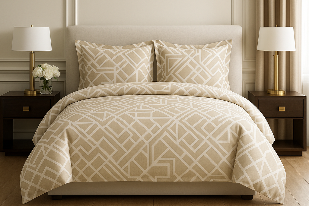 Jogo de Cama King Geométrico Bege e Branco - 4 Peças