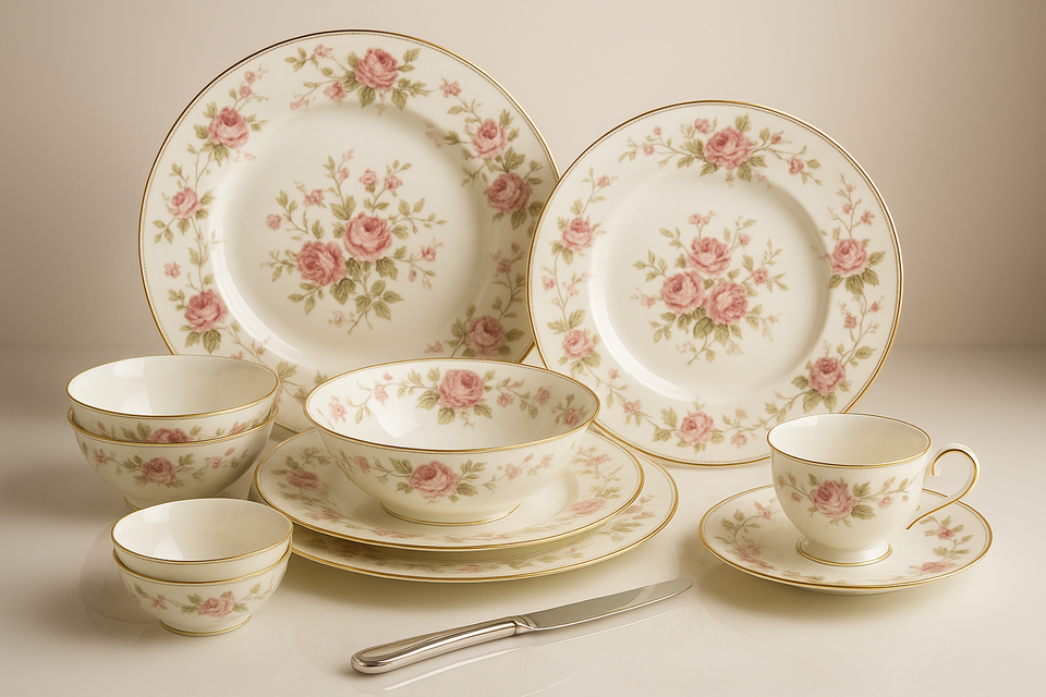 Aparelho de Jantar Bone China Floral Azul - 42 Peças Luxo