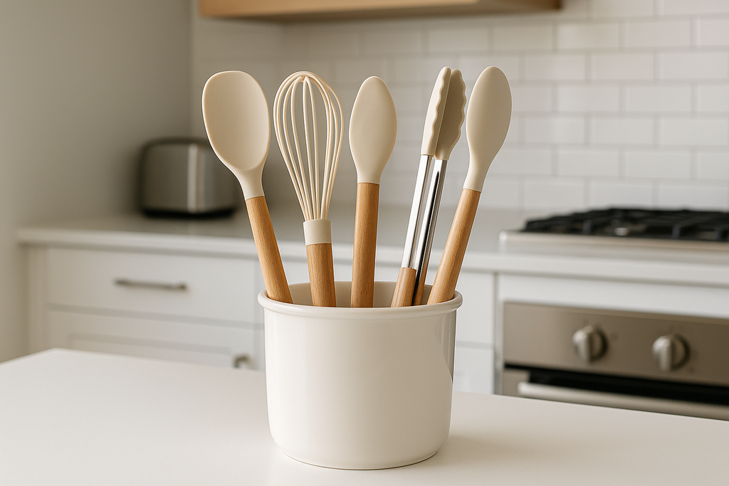Conjunto 5 Utensílios Silicone com Cabo Madeira e Porta Utensílios
