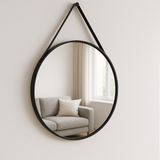 Espelho Decorativo Redondo 60cm Moldura Preta com Alça Couro