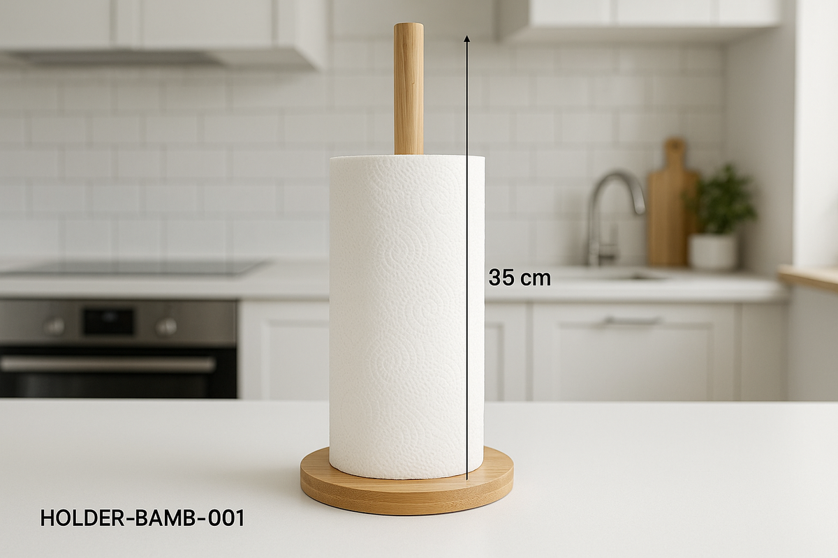 Suporte para Papel Toalha Bambu Vertical com Base Pesada 35cm
