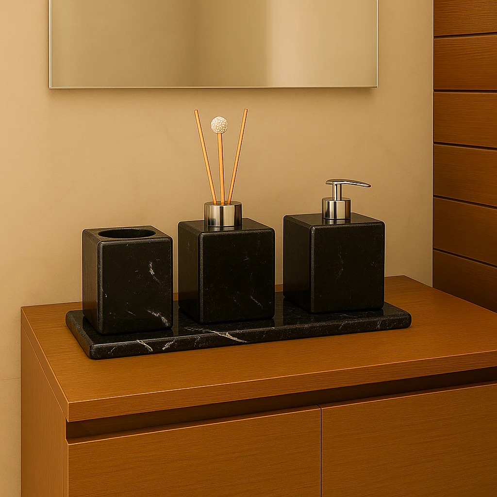 Kit Acessório para Banheiro em Mármore Preto Exótico - Luxo Natural